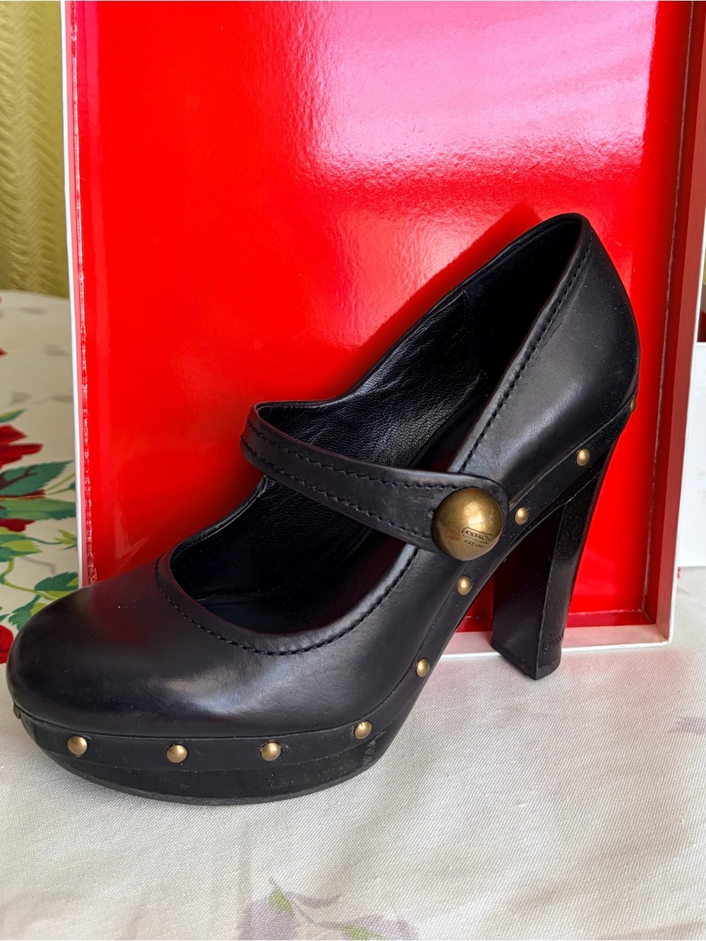 Coach Black Leather Mary Jane Platform Heel with Brass Studs